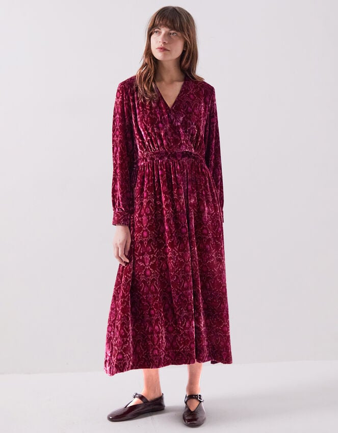 East Jude Print Velvet Midi Dress, Red (BERRY), large