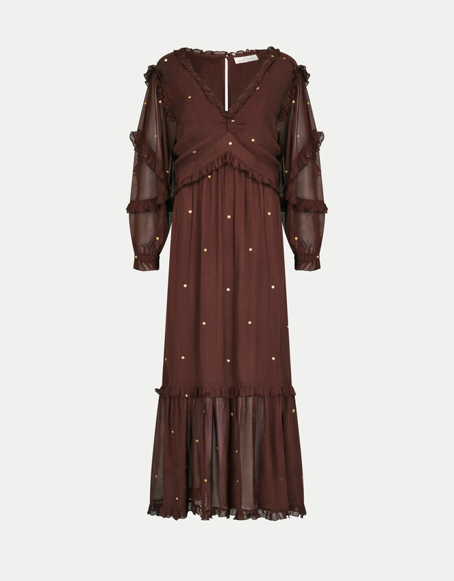 East Foil Polka Dot Ruffle Dress, Brown (BROWN), large