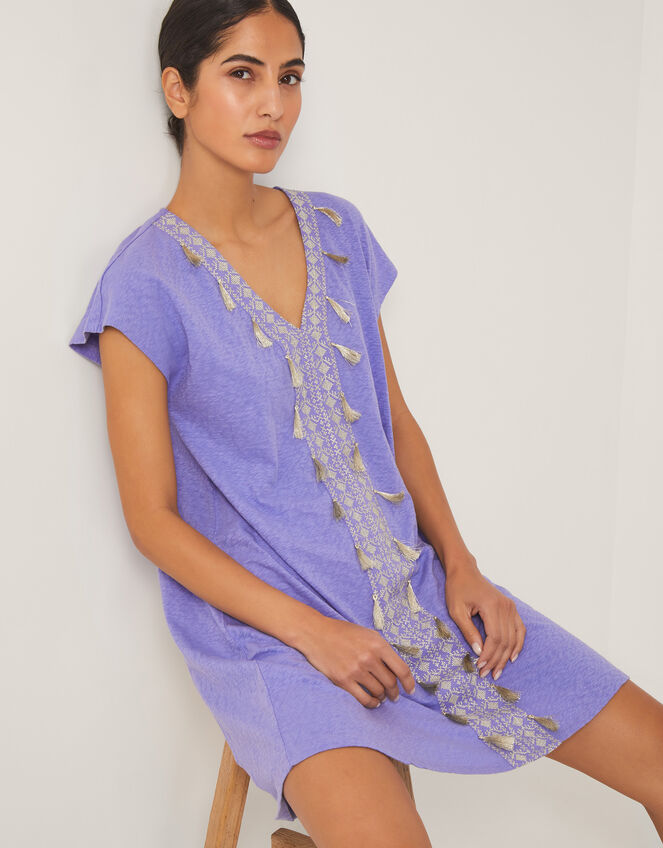 Jodie Tassel Beach Tunic Mini Dress, AMETHYST, large