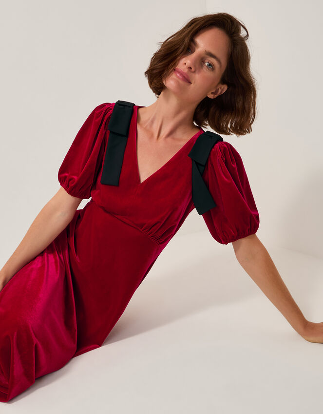 Betty Bow Velvet Midi Dress, Red (RED), large