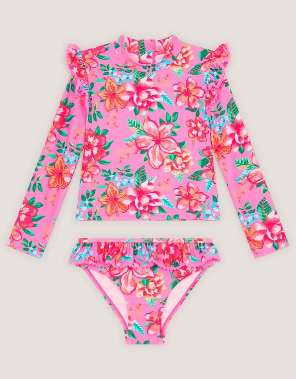 Tropical Flower Print UPF50+ Long Sleeve Swim Set, Pink (PINK), large