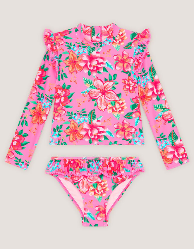 Tropical Flower Print UPF50+ Long Sleeve Swim Set, Pink (PINK), large