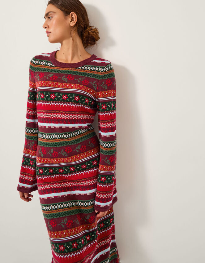 Fara Floral Fair Isle Midi Dress, Red (RED), large