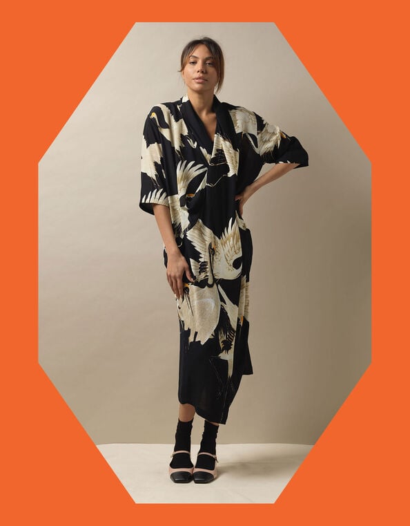 One Hundred Stars Stork Print Dress, Black (BLACK), large