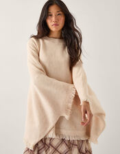 Fay Fringe Trim Poncho , Natural (NATURAL), large