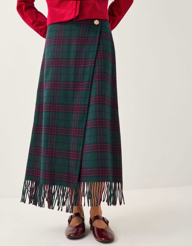 Monsoon x Sarah Corbett-Winder Tartan Fringe Midi Skirt, Teal (TEAL), large
