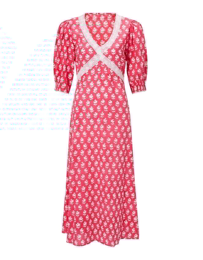 India & Mills Harriet Floral Midi Dress, Red (RED), large