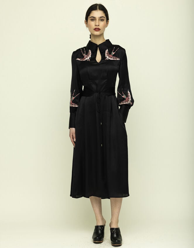 Tallulah & Hope Tamsin Bird Embroidered Midi Dress, Black (BLACK), large