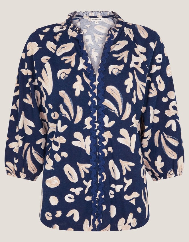 Rosie Abstract Print Jersey Blouse, Blue (NAVY), large