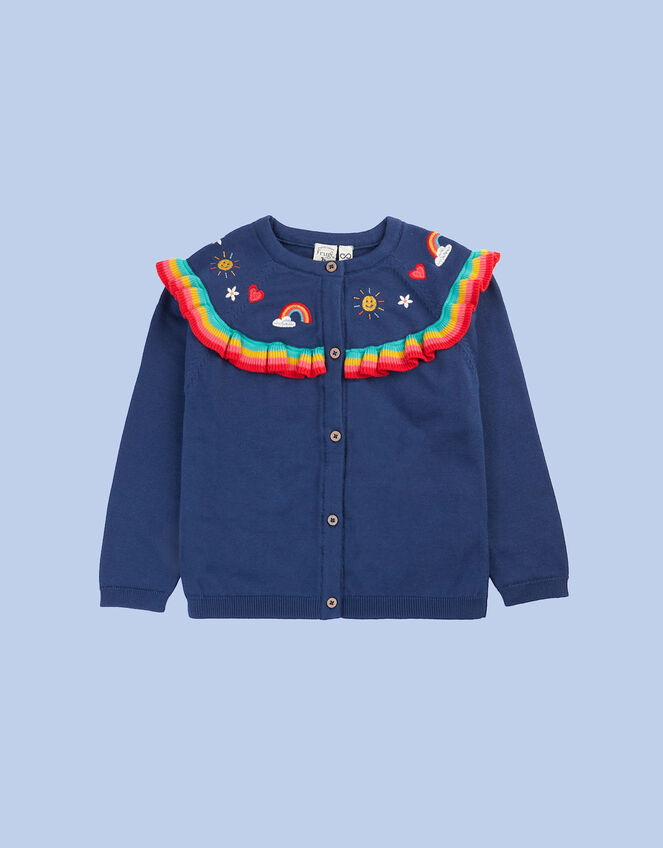 Frugi Romi Rainbow Ruffle Cardigan, Blue (NAVY), large