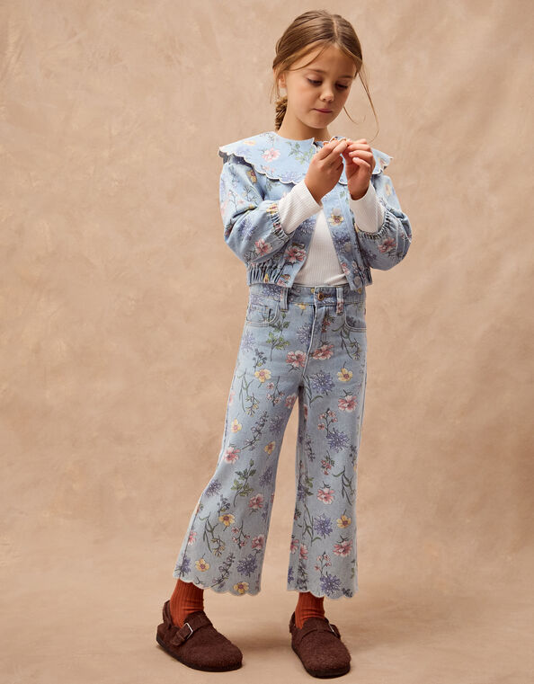 Floral Scallop Collar Denim Jacket, Blue (BLUE), large