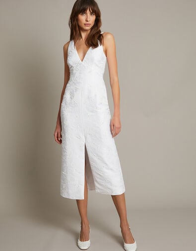 Frida Hand-Beaded Jacquard Pencil Wedding Dress, Ivory (IVORY), large