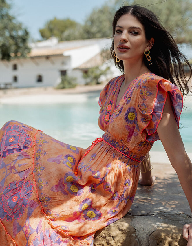 Piti Cuiti Flutter Floral Print Maxi Dress, Orange (ORANGE), large