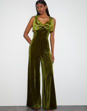 Monsoon x Sarah Corbett-Winder Satin Bow Velvet Jumpsuit, Green (GREEN), large