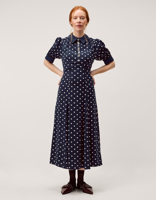 Kate Puff Sleeve Polka Dot Midi Dress, Blue (NAVY), large