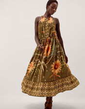 Fallon Sleeveless Tropical Print Midi Dress, Green (KHAKI), large