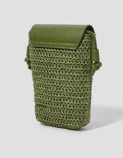 Rosie Raffia Phone Bag, Green (KHAKI), large