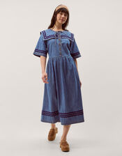 Shelby Square Collar Denim Midi Dress, Blue (MID AUTHENTIC BLUE), large
