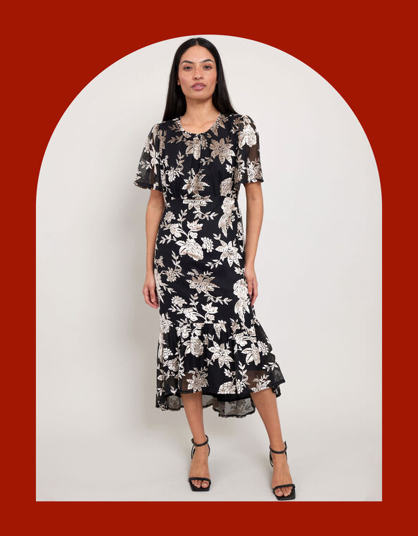 East Foil Floral Print Midi Dress, Black (BLACK), large