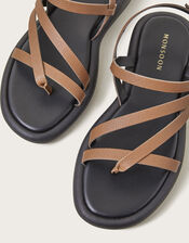 Leather Strappy Flatform Sandals, Tan (TAN), large