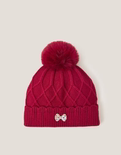 Bow Pom-Pom Beanie Hat, Red (RED), large