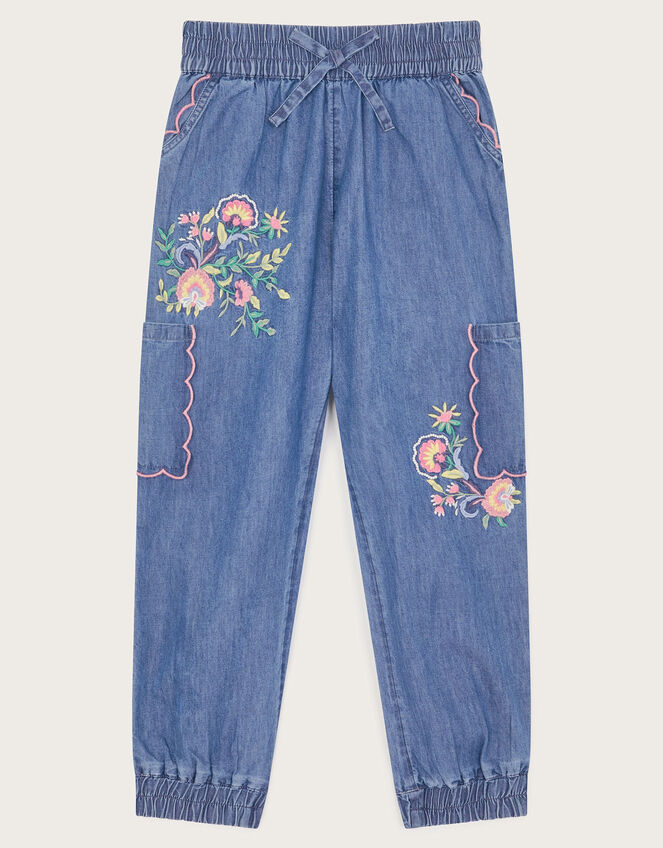 Embroidered Chambray Cargo Trousers, Blue (BLUE), large