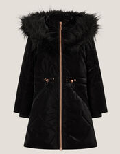 Faux Fur Hood Padded Coat, Black (BLACK), large