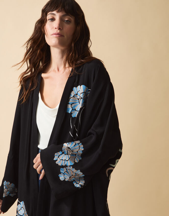 Clemence Butterfly Embroidered Long Kimono, Black (BLACK), large