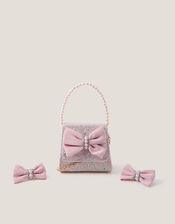 Bow Glitter Bag & Hair Clips Set, , large