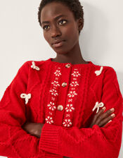 Evie Bow Cable Knit Cardigan, Red (RED), large
