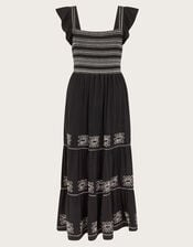 Emi Square Neck Embroidered Midi Dress, Black (BLACK), large