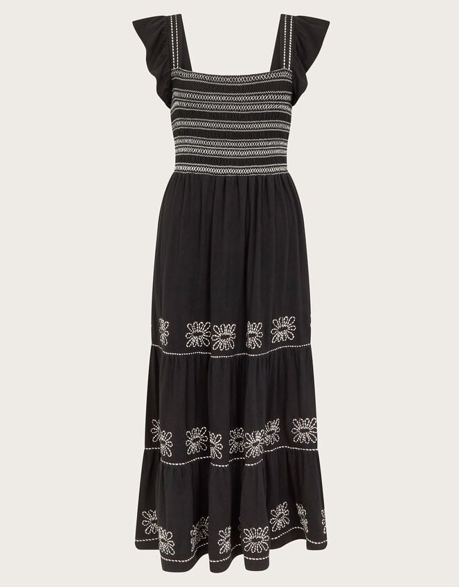 Emi Square Neck Embroidered Midi Dress, Black (BLACK), large