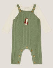 Newborn Fox Cable Knit Dungarees Set, Green (GREEN), large