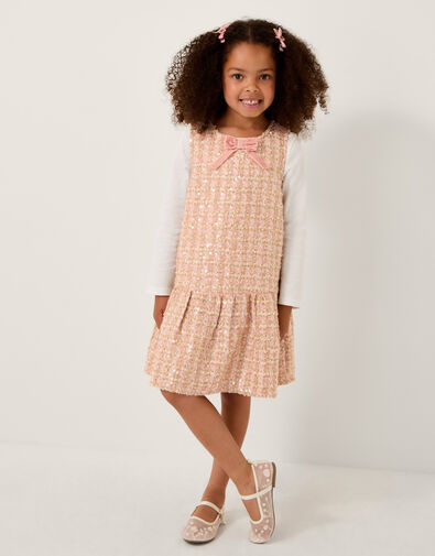 Tweed Bow Sleeveless Pinafore Dress, Pink (PINK), large