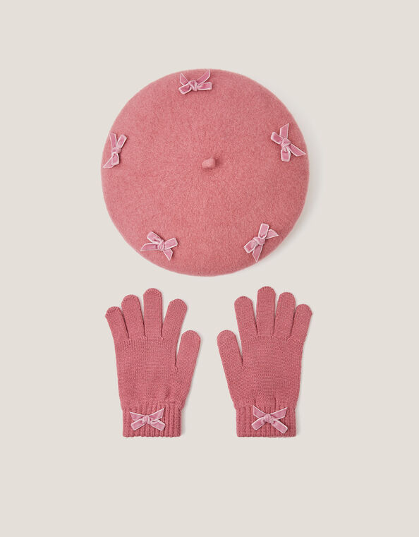 Bow Beret & Gloves Set, Pink (PINK), large