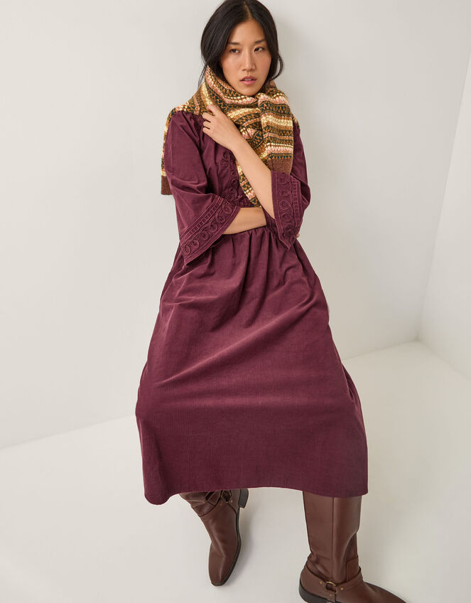 Jimena Embroidered Corduroy Midi Dress, Red (BURGUNDY), large