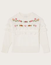 Embroidered Frill Knitted Jumper, Ivory (IVORY), large