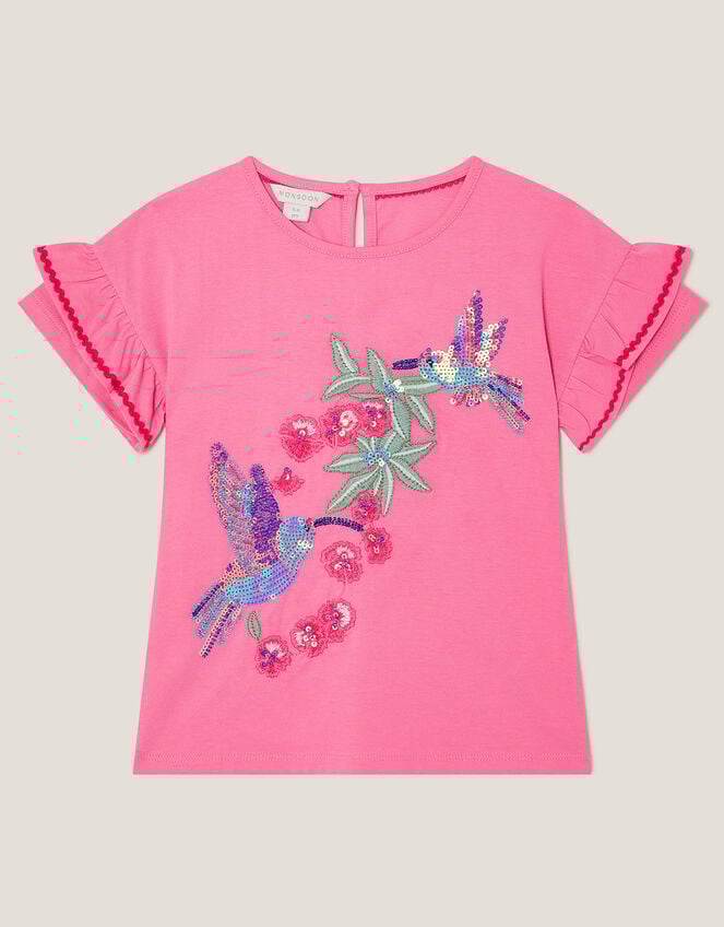 Hummingbird Embellished Frill T-Shirt, Pink (PINK), large