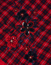 Floral Embroidered Tartan Kilt Skirt, Red (RED), large