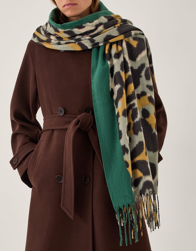 Elyse Animal Print Tassel Scarf, Green (GREEN), large