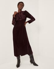 Ezra Embroidered Velvet Midi Dress, Purple (AUBERGINE), large