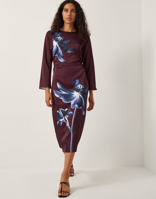 Polly Floral Print Midi Dress, Red (BURGUNDY), large