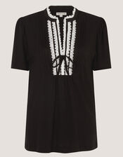 Lucia Lace Linen Blend T-Shirt, Black (BLACK), large