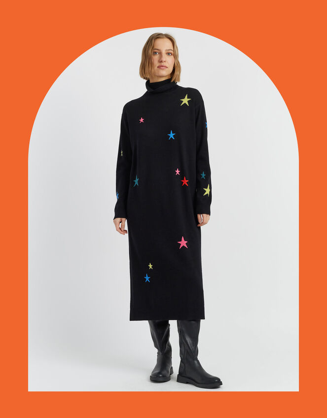 Chinti & Parker Star Roll Neck Jumper Dress, Black (BLACK), large