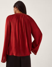 Arlette V-Neck Frill Satin Blouse, Red (BURGUNDY), large