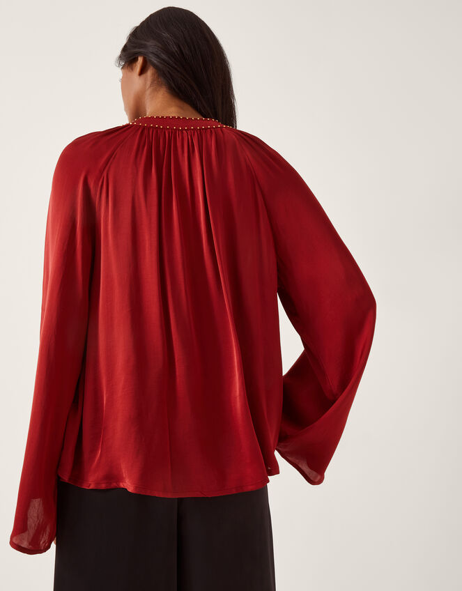 Arlette V-Neck Frill Satin Blouse, Red (BURGUNDY), large