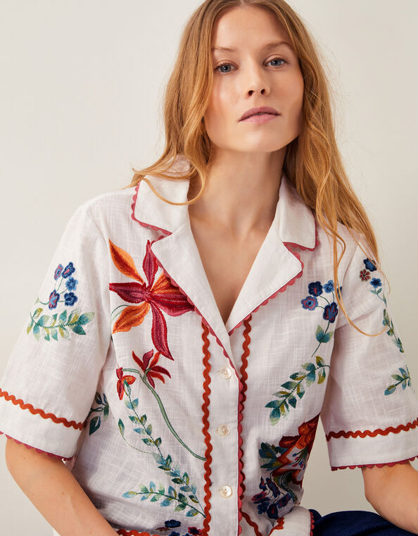 Delphi Floral Embroidered Cotton Shirt, White (WHITE), large