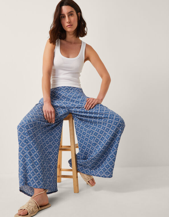 Rita Print Wide Leg Trousers, Blue (BLUE), large