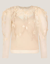 Gwen Floral Appliqu&eacute; Organza Top, Cream (CREAM), large