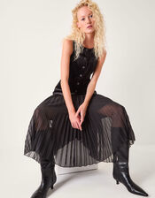 Vanessa Sleeveless Velvet Pleated Midi Dress, Black (BLACK), large